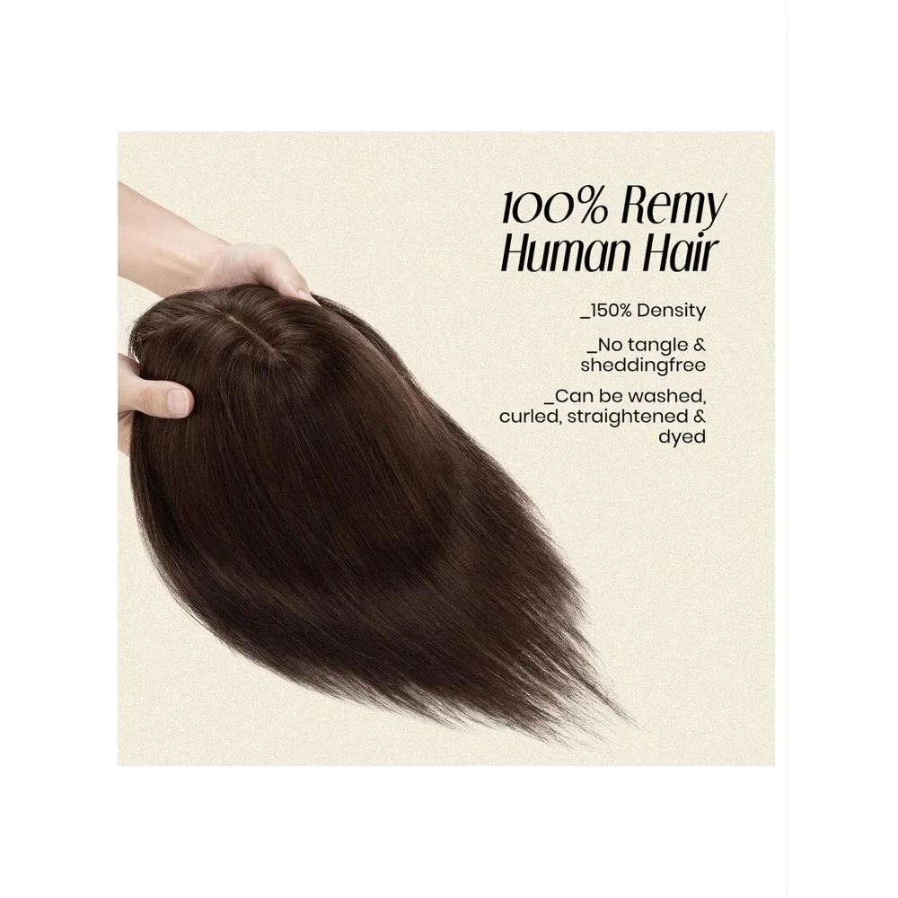 MY-LADY Human Hair Topper with Bangs 18 Inch Dark Brown Silk Base Remy Hairpiece